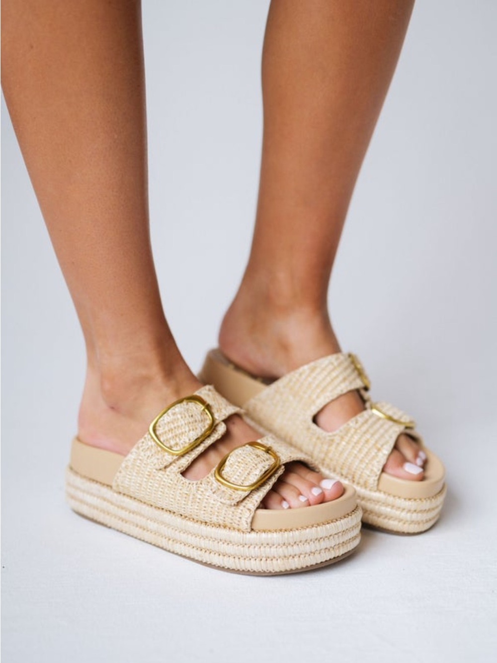 These Three Boutique- Clara Woven Platform Slide Sandals with Gold Buckles - Picture 3 of 4